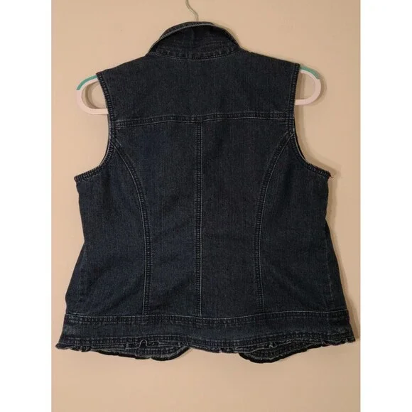 OSO Casuals Womens Sleeveless Denim Jacket Vest M Blue Ruffles Collared Pockets - Picture 2 of 3